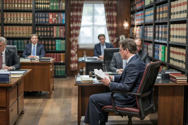 An organized archive of legal codes and historical statutes in an elegant setting